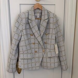 NEW Rachel Zoe Cream and Blue Tweed Double-Breasted Blazer with Gold Buttons